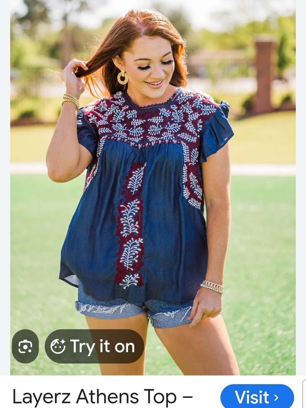 Layerz Athens Top - Navy with Burgundy & White Embroidery Size S